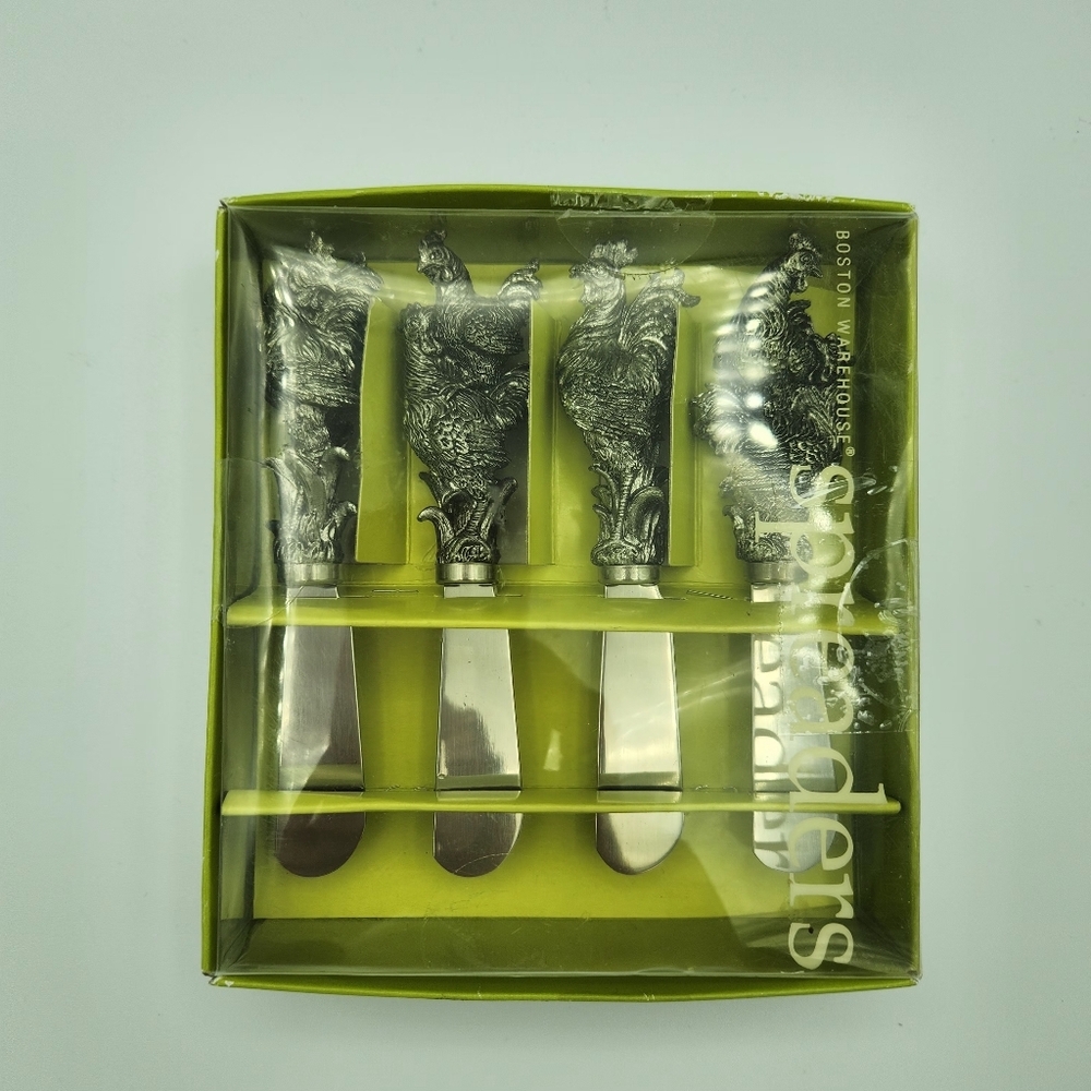 Rooster Chicken Hen Silver Boston Warehouse Cheese Dellarobbia‎ Spreaders Set 4